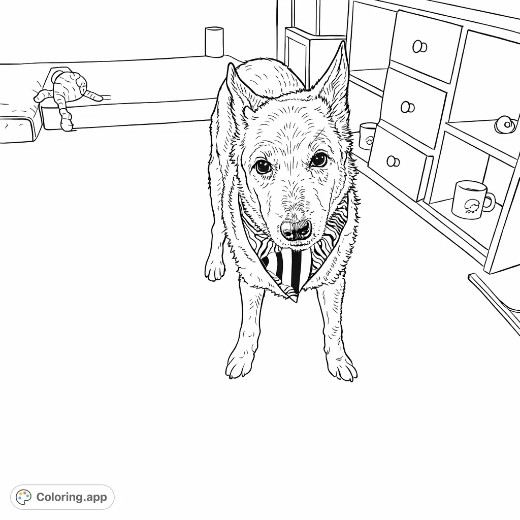 A charming dog wearing a distinctive patterned bandana stands in a cozy room, offering a delightful and engaging coloring experience for all ages.