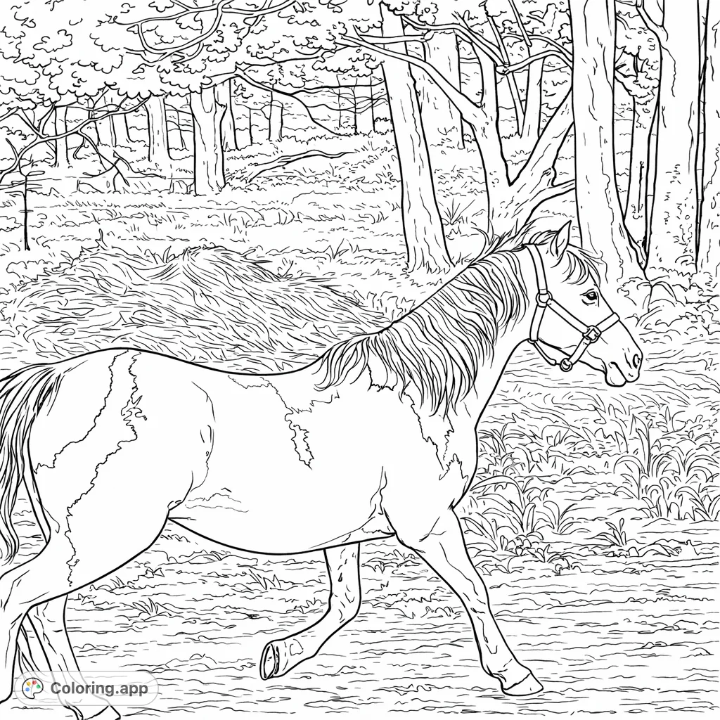 Discover a stunning horse with unique markings striding through a natural woodland setting. A captivating animal coloring page perfect for nature lovers.