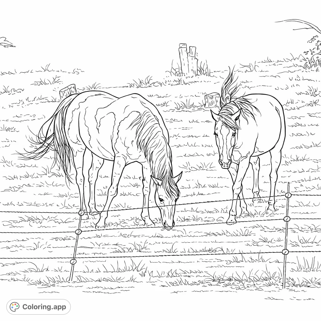 Capture the serene beauty of two horses in a grassy field, one grazing peacefully, the other observing. A delightful scene for animal lovers of all ages.