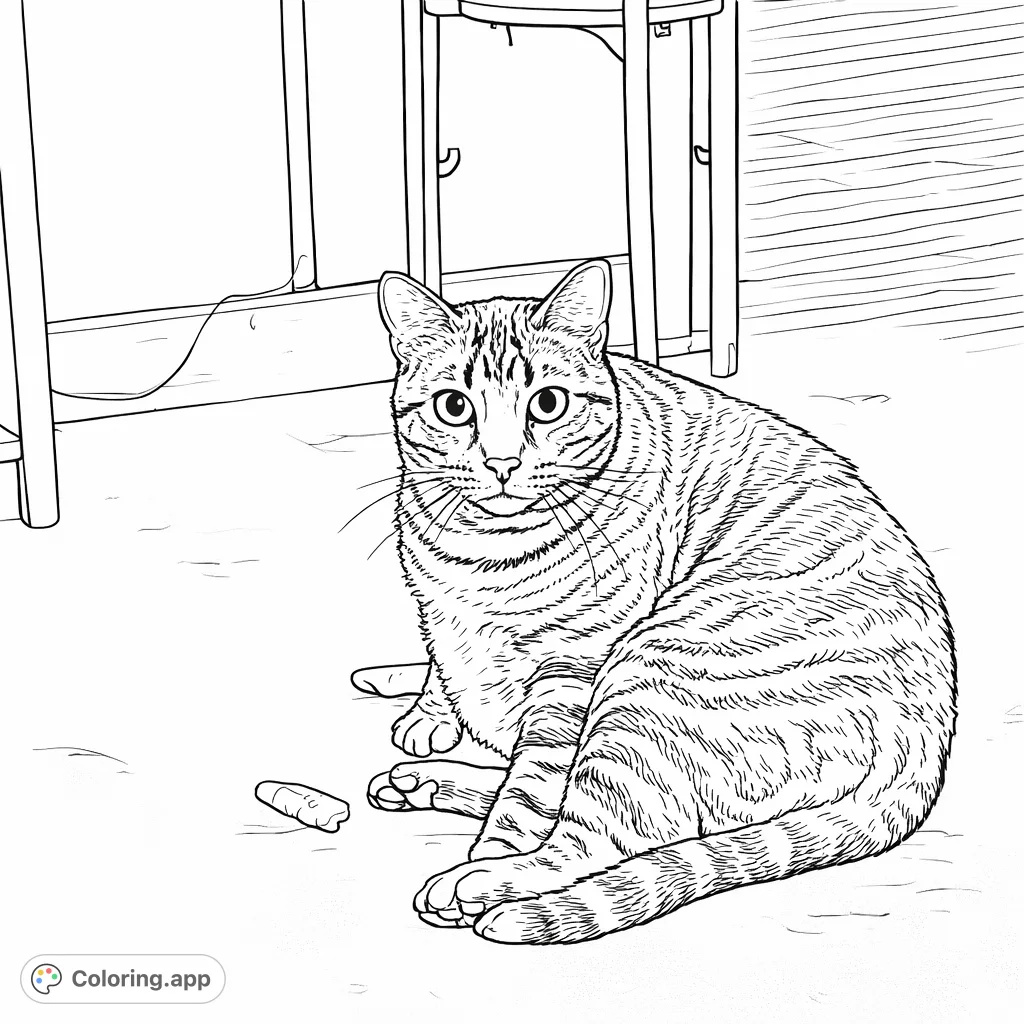Capture the intense gaze of a striped feline with this detailed tabby cat coloring page. Explore intricate fur patterns and expressive eyes in a quiet indoor scene.