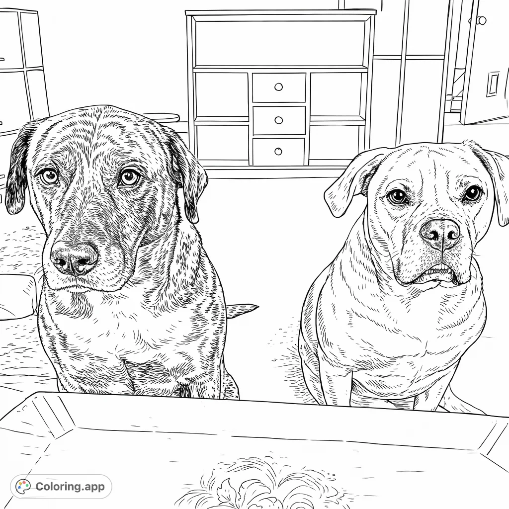 A heartwarming coloring page featuring two adorable dogs sitting attentively, looking upwards. Perfect for pet lovers and those who enjoy canine portraits.