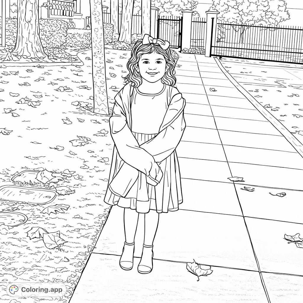 A charming coloring page featuring a young girl with bows, standing on a sidewalk amidst fallen leaves and trees. Perfect for a delightful coloring experience.