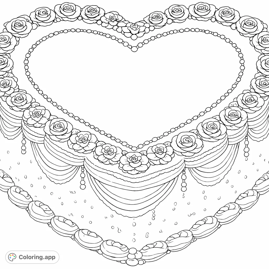 An intricately detailed heart-shaped cake adorned with delicate roses, elegant draped frosting, and a beaded heart outline, perfect for celebrating love.