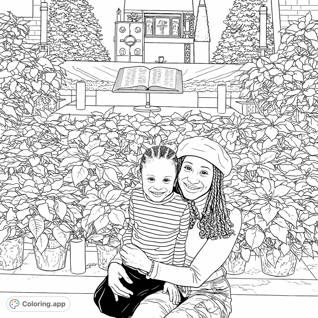A heartwarming coloring page featuring a smiling adult and child embracing, surrounded by abundant festive plants and seasonal church decorations.