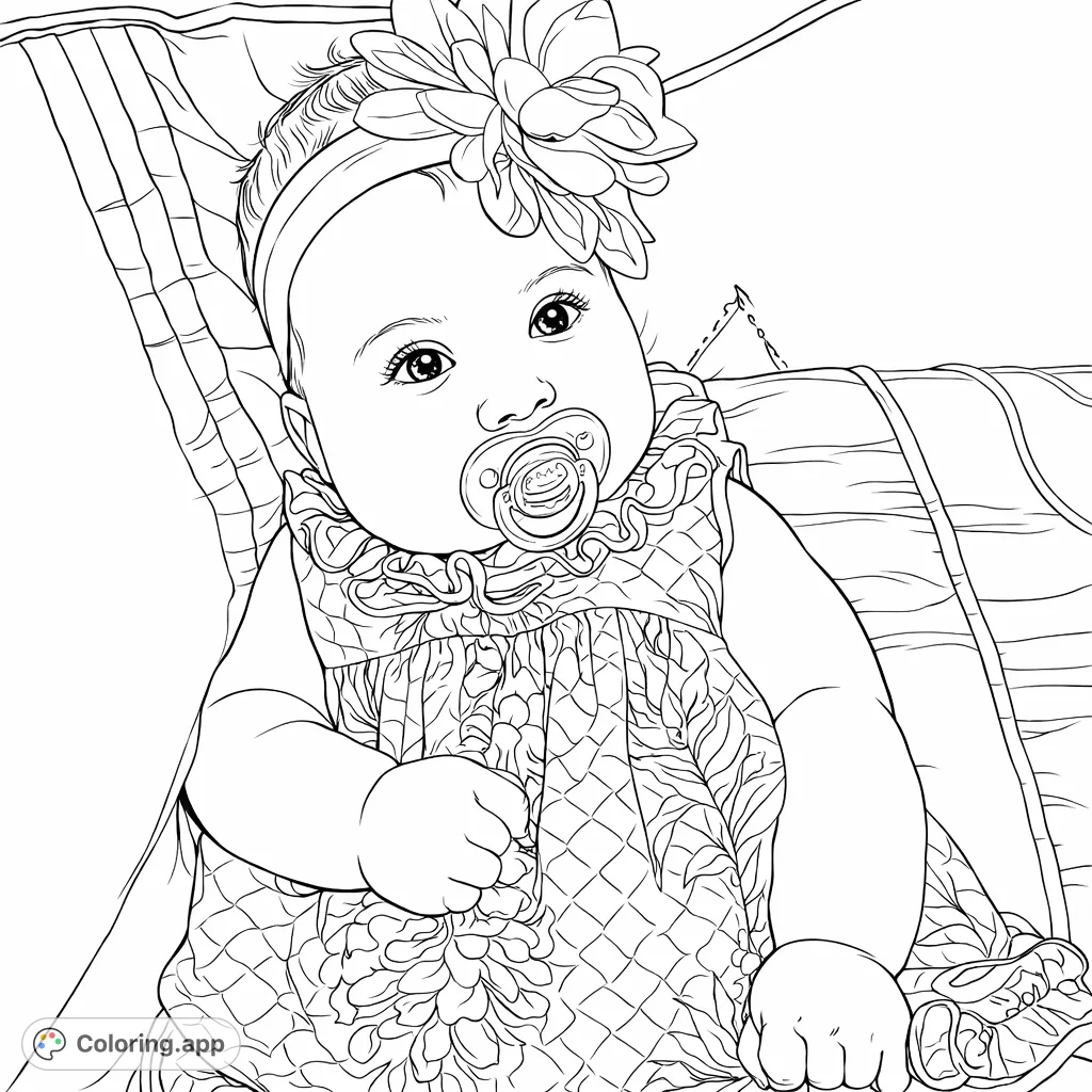 An adorable baby wearing a flower headband and a pineapple-patterned dress, holding a pacifier. A delightful scene for young colorists.
