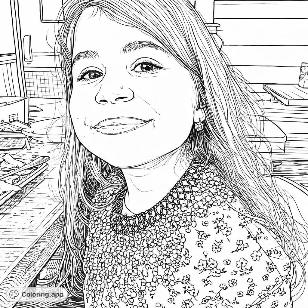 A charming portrait of a young girl with long flowing hair, wearing an elaborately beaded necklace and a patterned top, seated at a wooden table.