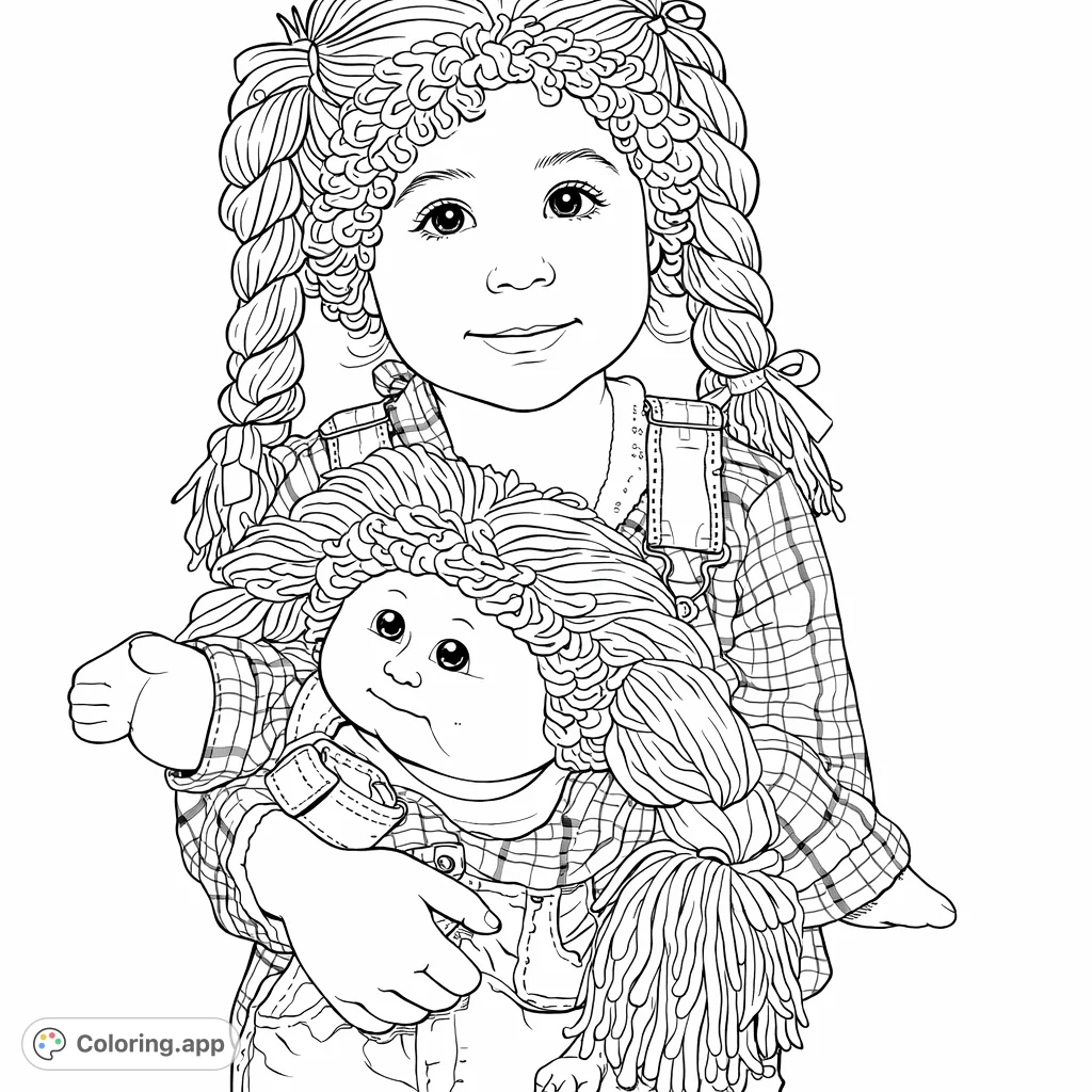 A sweet child in a yarn wig and overalls, gently holding a matching doll. A delightful scene for creative coloring and nostalgic fun.