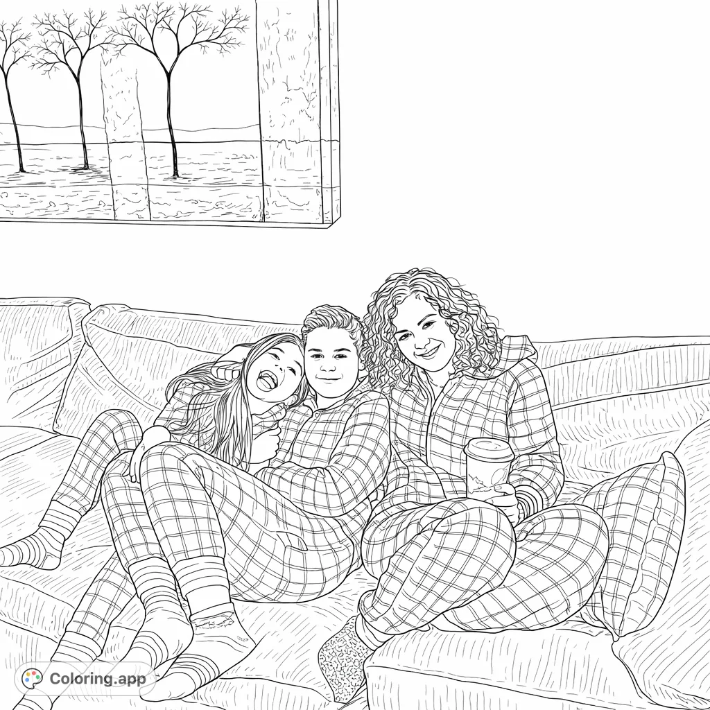 A cheerful family moment featuring an adult and two children in matching plaid pajamas on a sofa. Perfect for a cozy holiday or family fun coloring page.