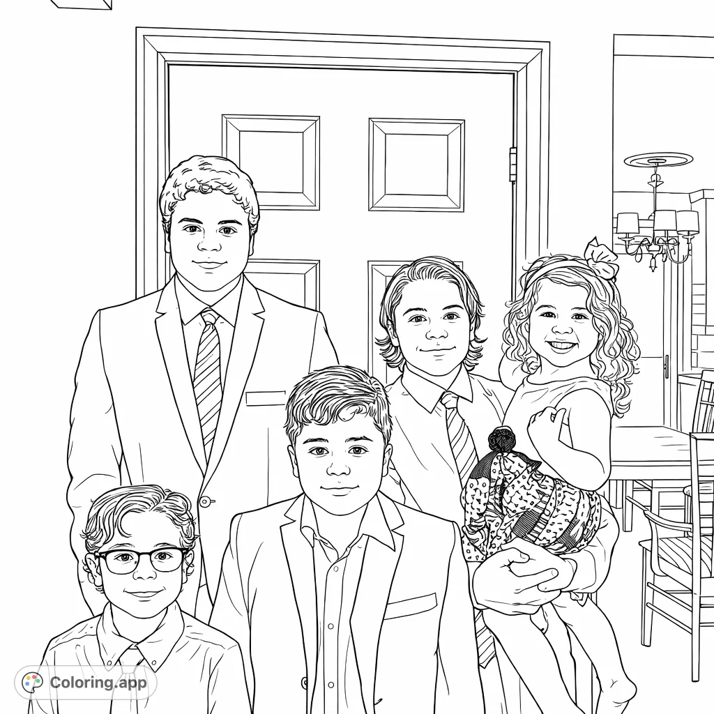 A charming formal family portrait featuring five individuals, including three boys, one young man, and a little girl, dressed in their finest attire, ready for coloring.