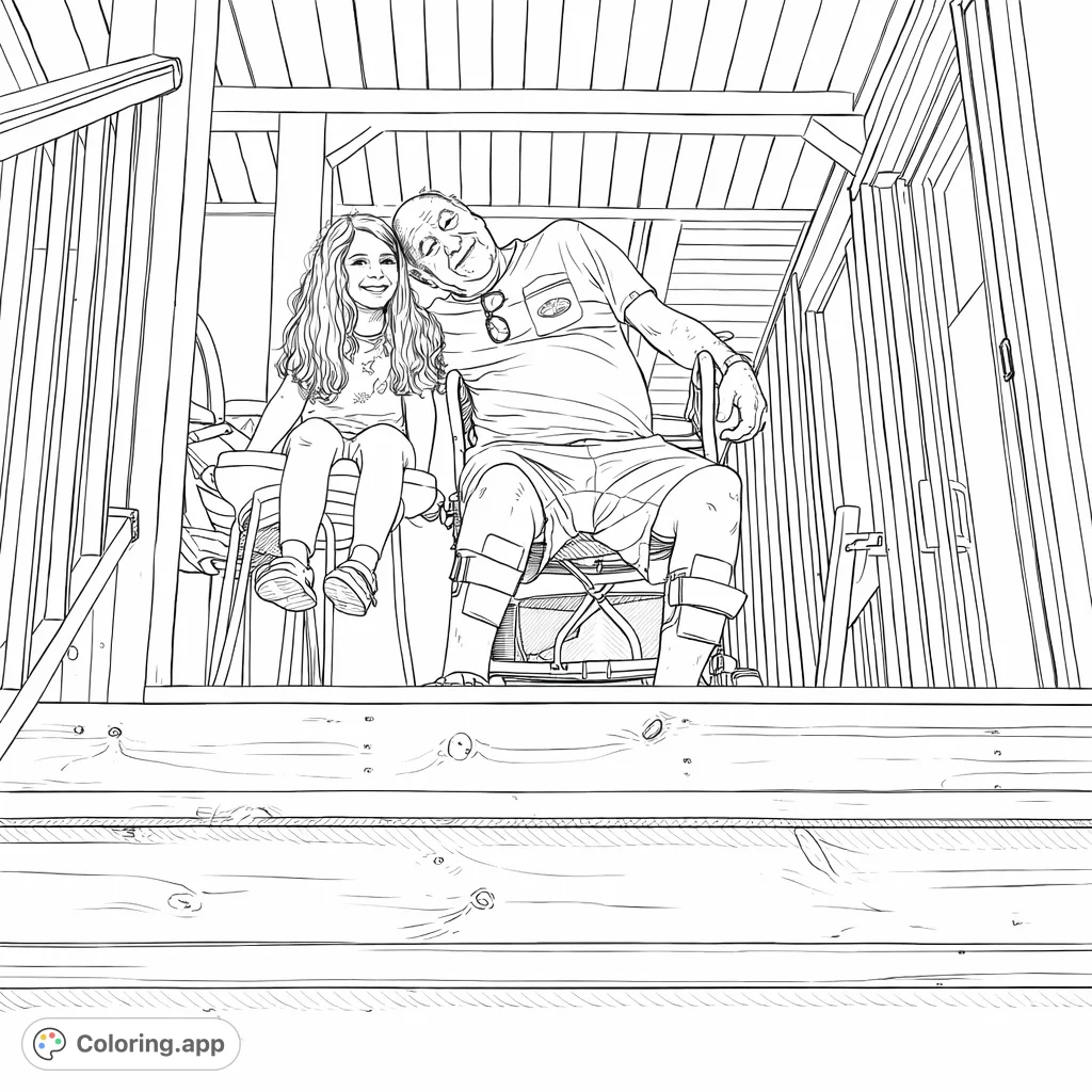 Capture a heartwarming moment of a girl and an older man on a porch, sharing smiles. This family coloring page celebrates connection and joy, perfect for all ages.