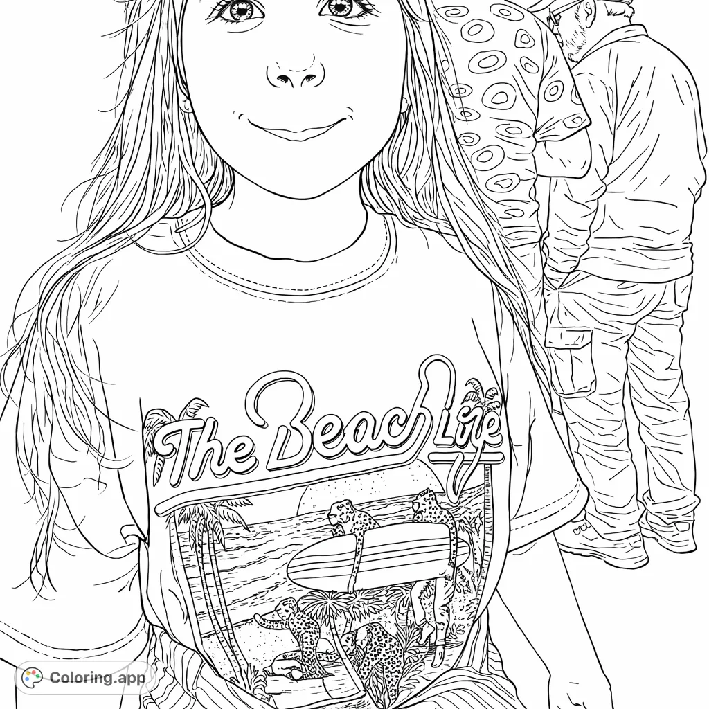 A charming coloring page featuring a young girl wearing a retro Beach Boys t-shirt with a vibrant, detailed beach scene graphic. Perfect for music fans!