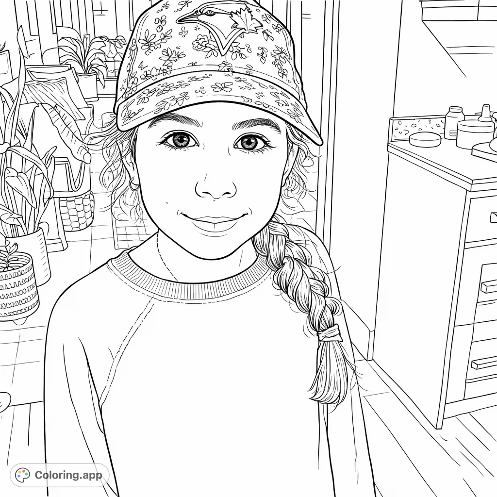 A charming coloring page of a young girl in a floral baseball cap with a braided hairstyle, set against an inviting indoor background.