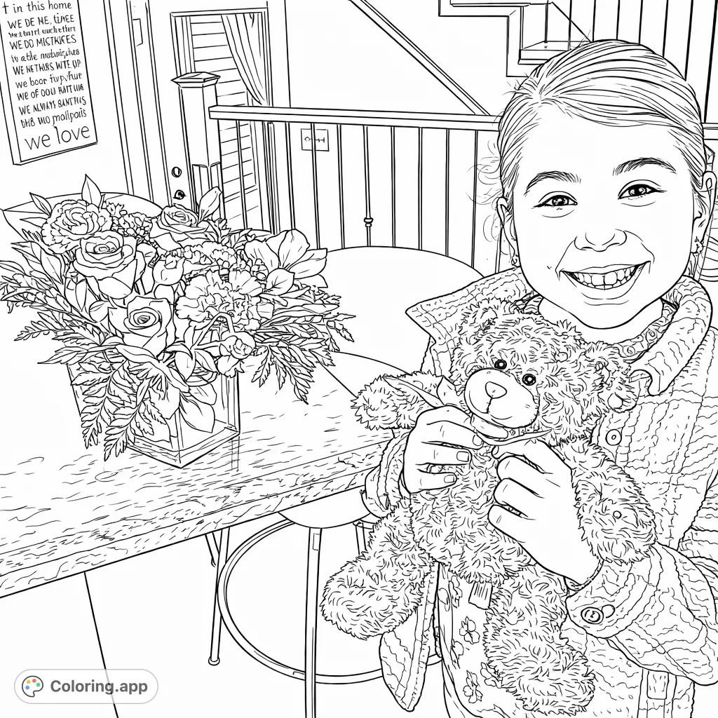 A heartwarming free printable coloring page featuring a smiling girl holding a teddy bear next to a beautiful floral arrangement. Perfect for all ages!