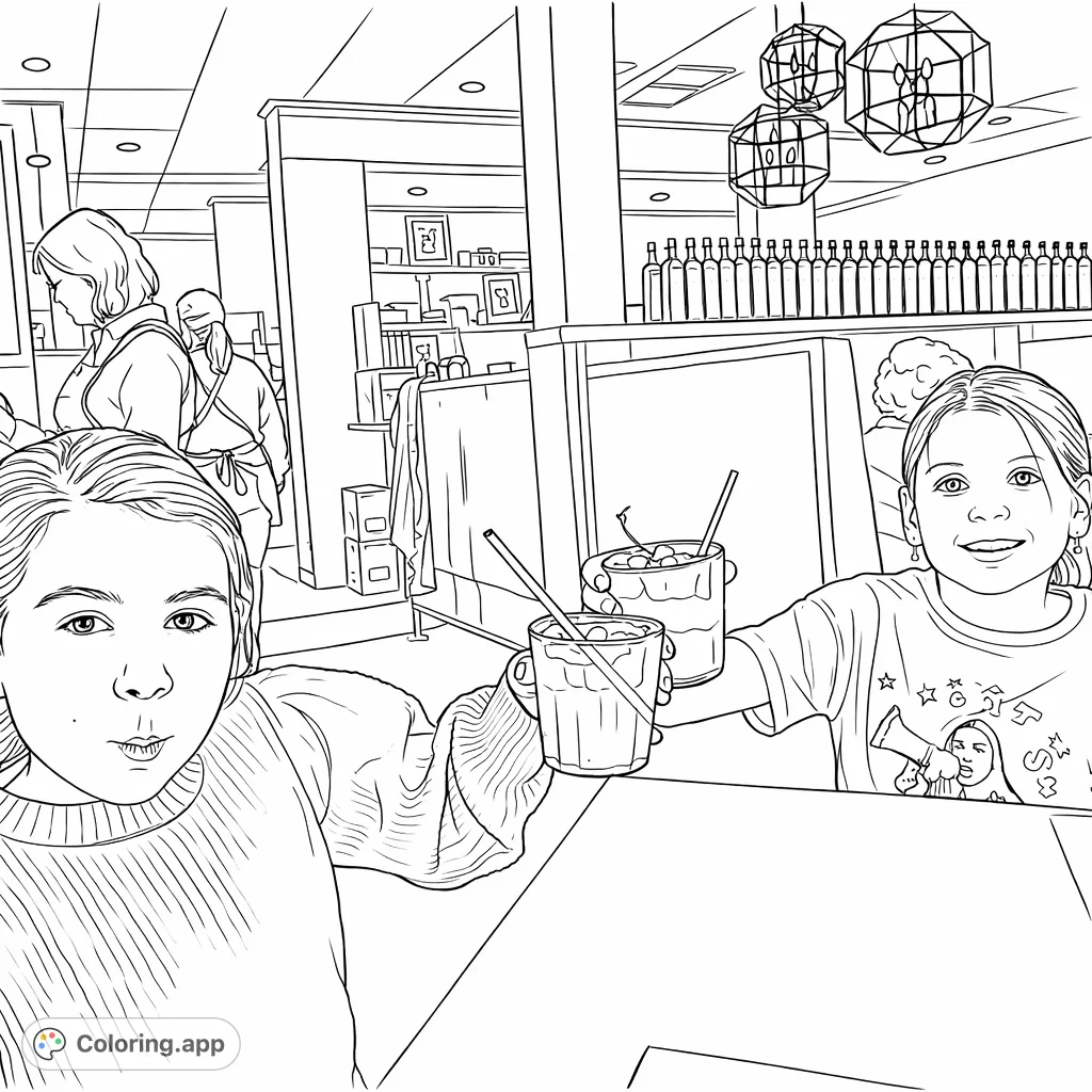 Two cheerful girls raise their drinks at a restaurant table, ready for a fun coloring adventure. Features detailed drinks, expressive faces, and a lively restaurant setting.