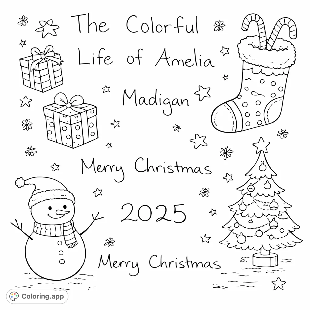 A simple holiday text coloring page featuring 'Merry Christmas 2025' and 'The Colorful Life of Amelia Madigan' for personalized creative fun.