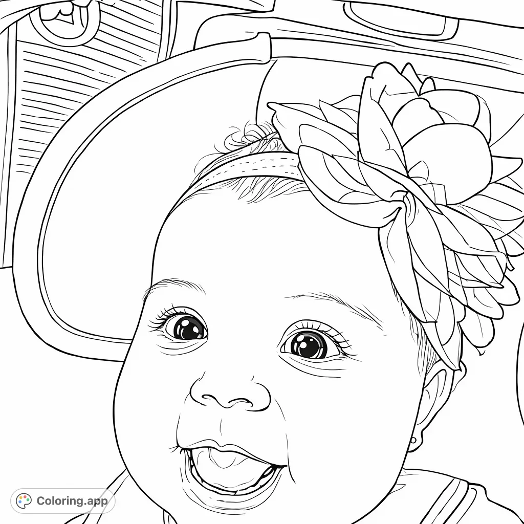 Capture the innocent joy of a baby with wide eyes and a sweet smile, adorned with a beautiful flower headband in a free printable baby coloring page.