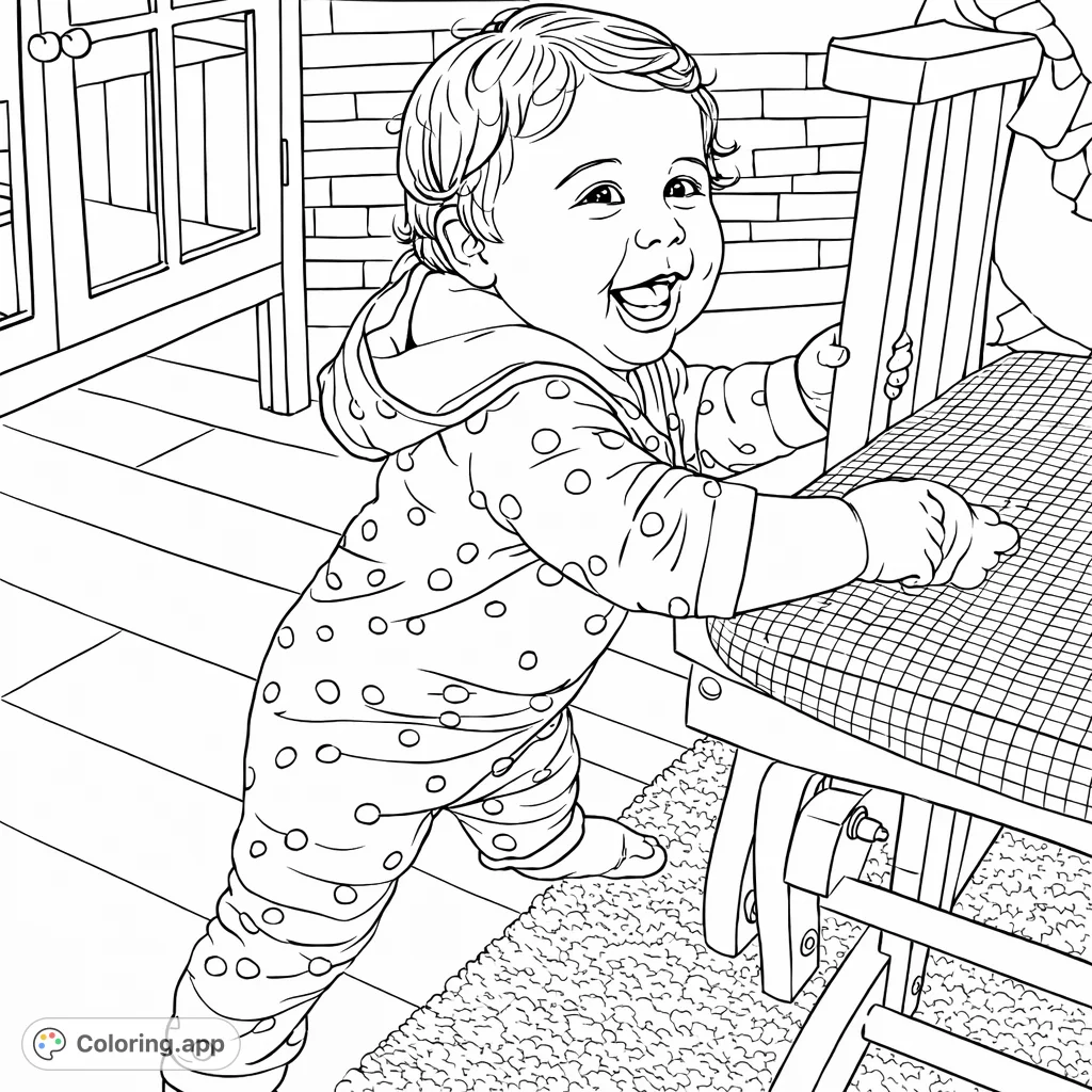 Capture the joy of a happy toddler taking first steps, supported by a rocking chair. This delightful coloring page features a smiling baby in a polka dot outfit.