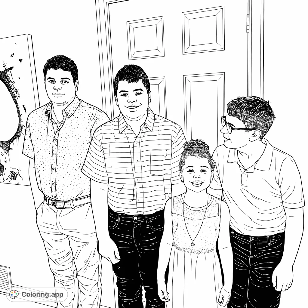 A heartwarming coloring page featuring four individuals – three males and one young girl – standing together in a joyful group pose against a simple indoor backdrop.