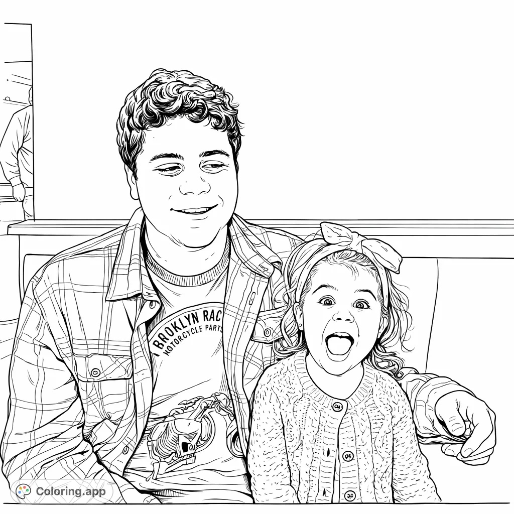 Capture a heartwarming scene of a smiling young man and an excited little girl in a cozy setting. Perfect for family-themed coloring fun.