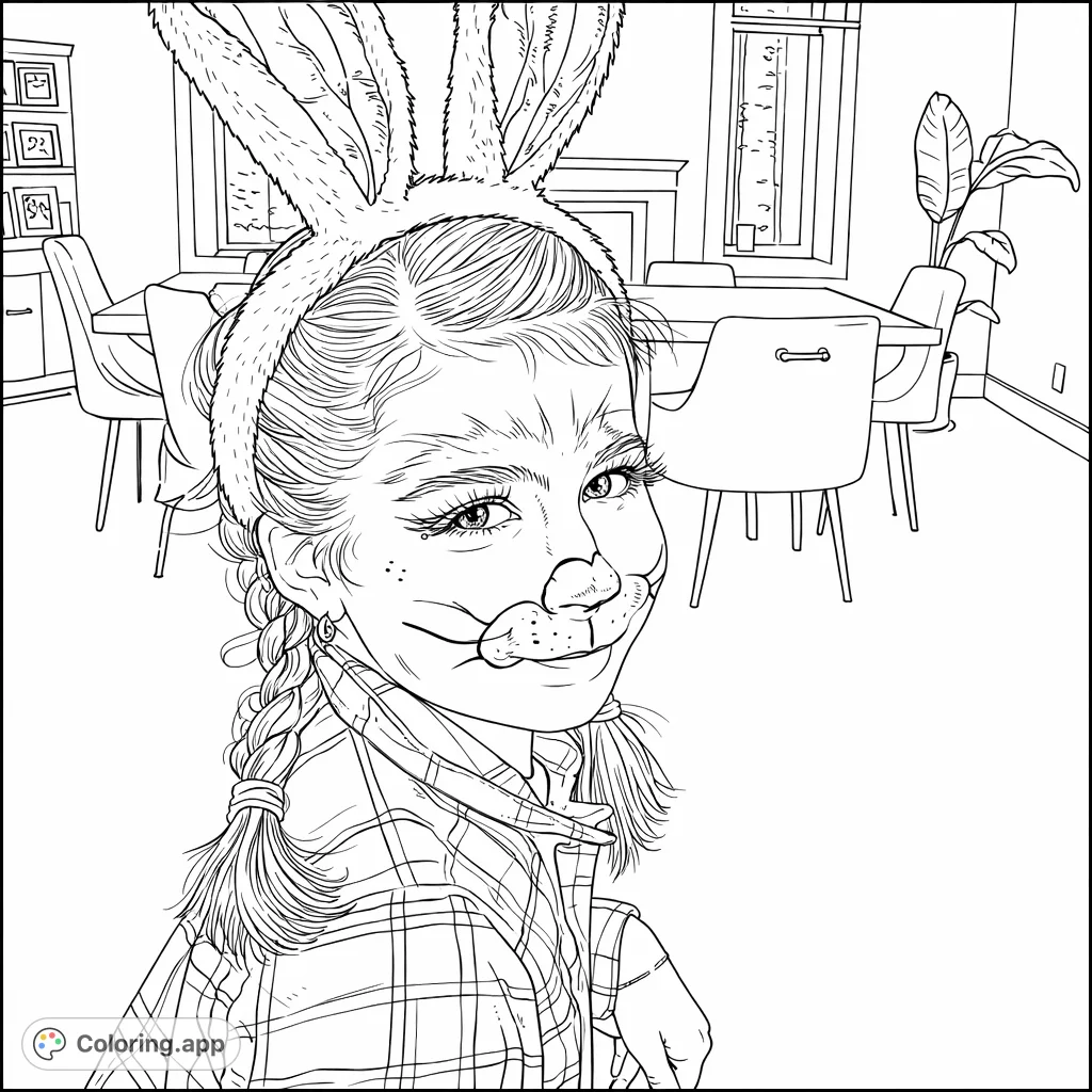 A delightful coloring page featuring a young girl with charming bunny face paint and ears, ready for a fun celebration. Perfect for creative expression!