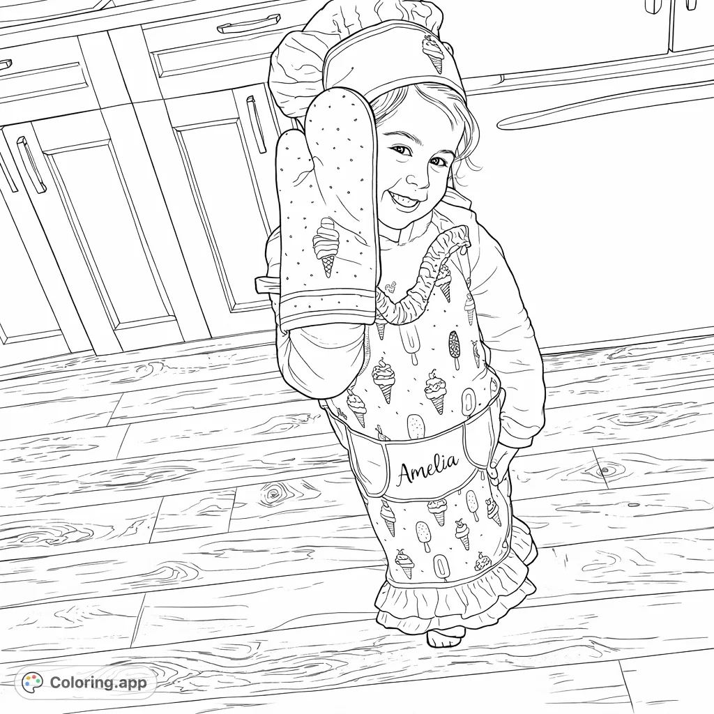 A delightful scene featuring a child dressed as a chef, wearing an apron and hat, holding a large oven mitt in a kitchen setting. Perfect for young aspiring bakers!