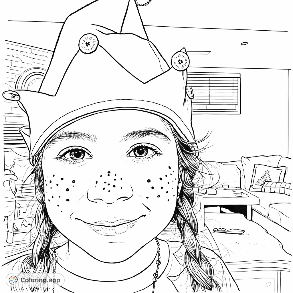 A cheerful child dressed as a whimsical elf, complete with a festive hat, playful freckles, and a wide smile. Perfect for holiday coloring fun.