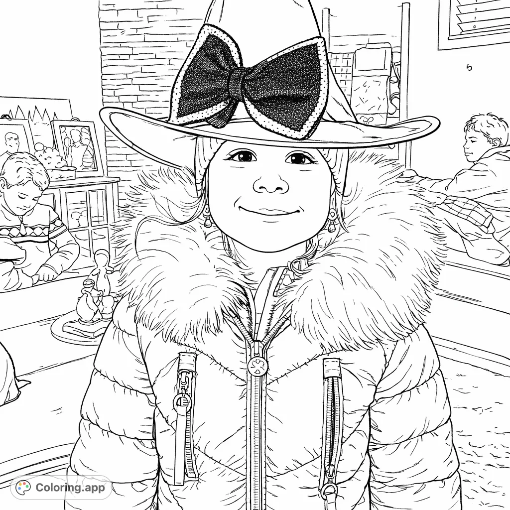 A cheerful child in a whimsical witch hat with a large bow and a textured, puffy jacket with a fluffy collar, ready for a fun coloring adventure!