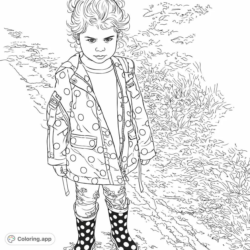 A delightful child in a polka dot jacket, floral leggings, and rain boots with a backpack, ready for an adventure. Features intricate patterns and textures.