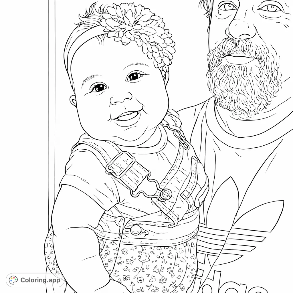 A heartwarming coloring page featuring a smiling baby wearing a floral headband and denim overalls, held close by an adult, perfect for family-themed fun and creativity.