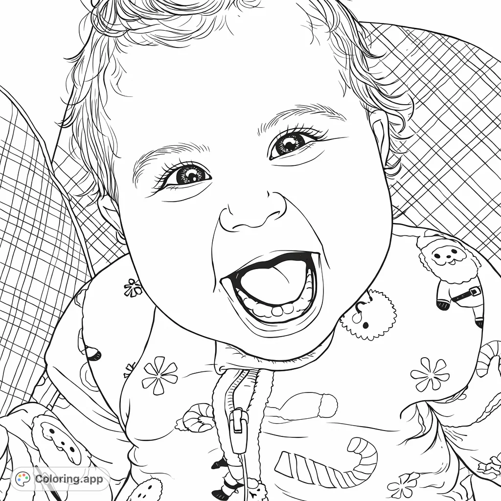 Capture the pure joy of a smiling baby dressed in a festive holiday pajama with Santa, candy cane, and snowflake patterns. A heartwarming scene!