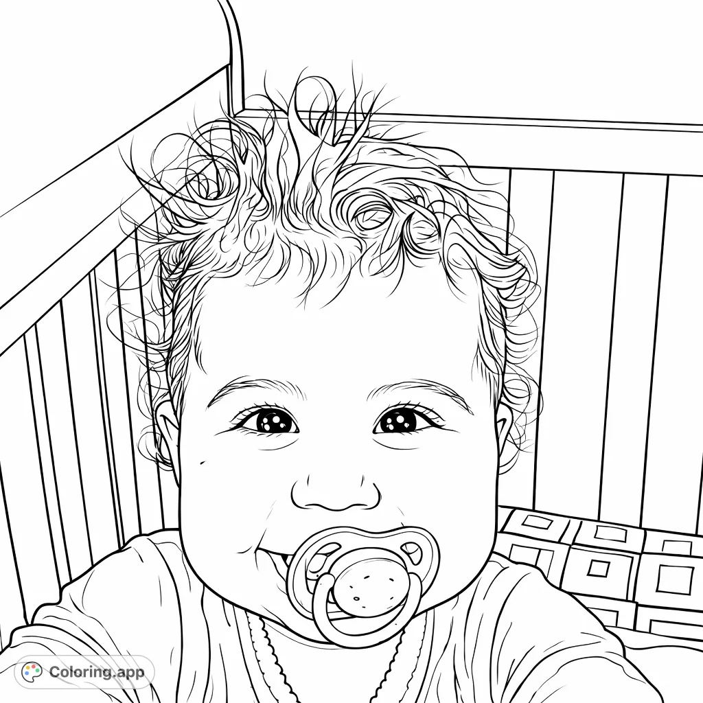 Capture the joy of a happy infant with messy hair and a pacifier, smiling sweetly in its crib. A delightful baby coloring page for endless smiles.