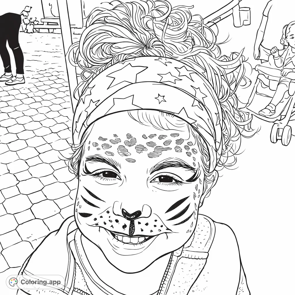 Capture the joy of childhood with this delightful face painting coloring page, featuring a smiling girl with intricate animal-themed designs.