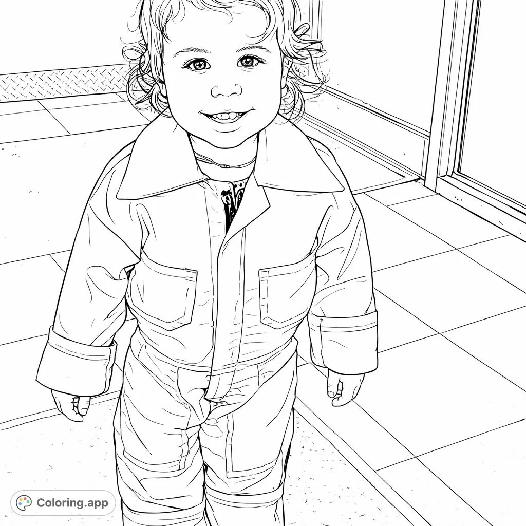 A delightful coloring page featuring a smiling child in a comfortable jumpsuit, standing against a patterned floor and a bright doorway. Perfect for creative fun.