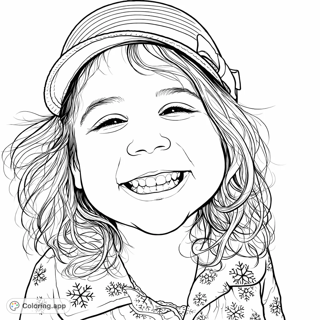 A joyful child wearing a charming straw hat and a snowflake-patterned top, captured in a delightful, wide-smiled portrait. Perfect for cheerful coloring fun!