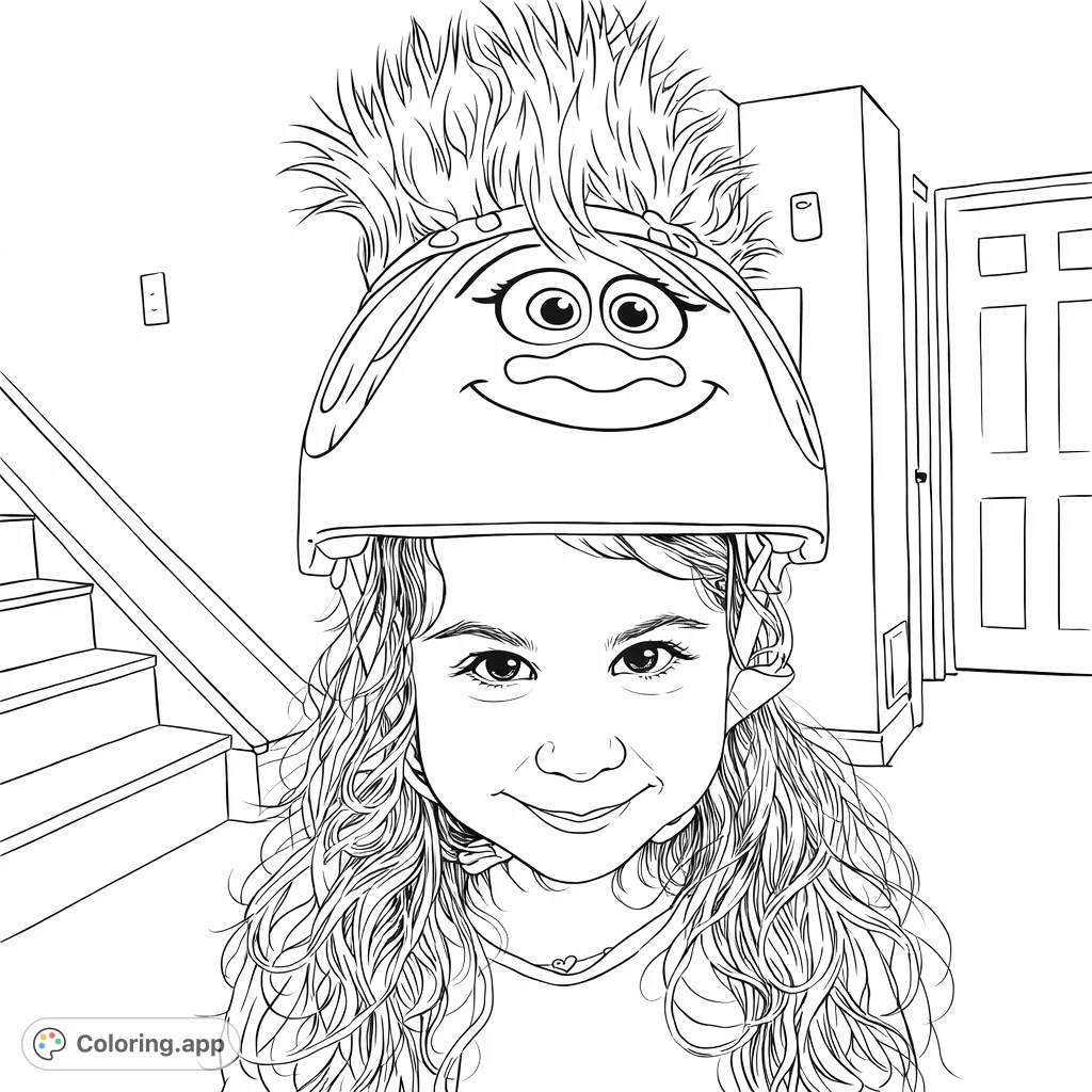 A cheerful child wears a fun Trolls character helmet with a fluffy hair tuft and a big smile, ready for a delightful coloring adventure.