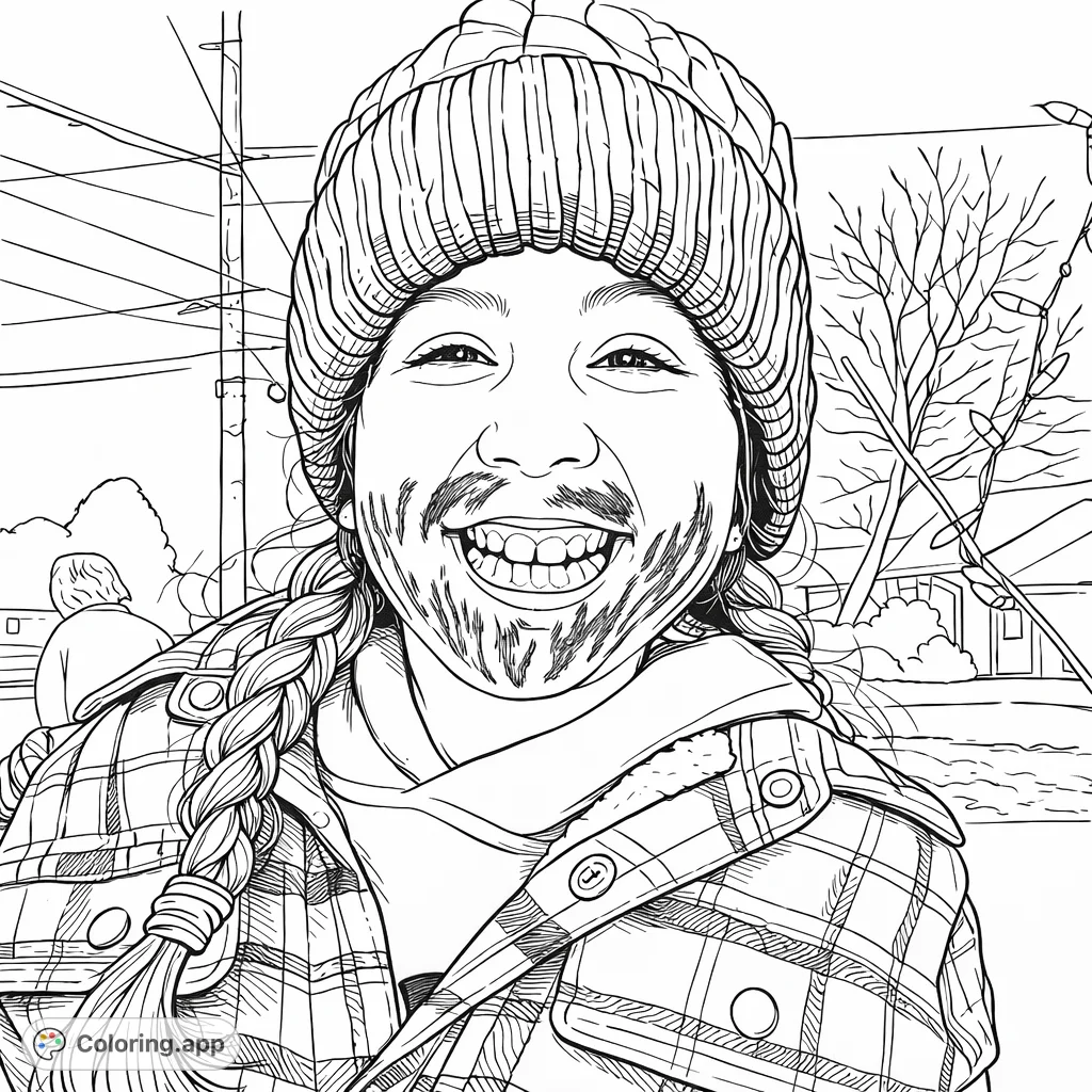 A cheerful young person sports a drawn-on beard and cozy winter wear, smiling brightly. This fun coloring page captures a playful moment, perfect for creative expression.