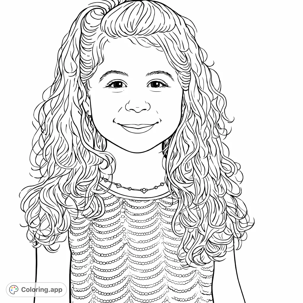 A charming coloring page featuring a smiling young girl with flowing wavy hair and a dazzling, patterned dress, perfect for creative expression.