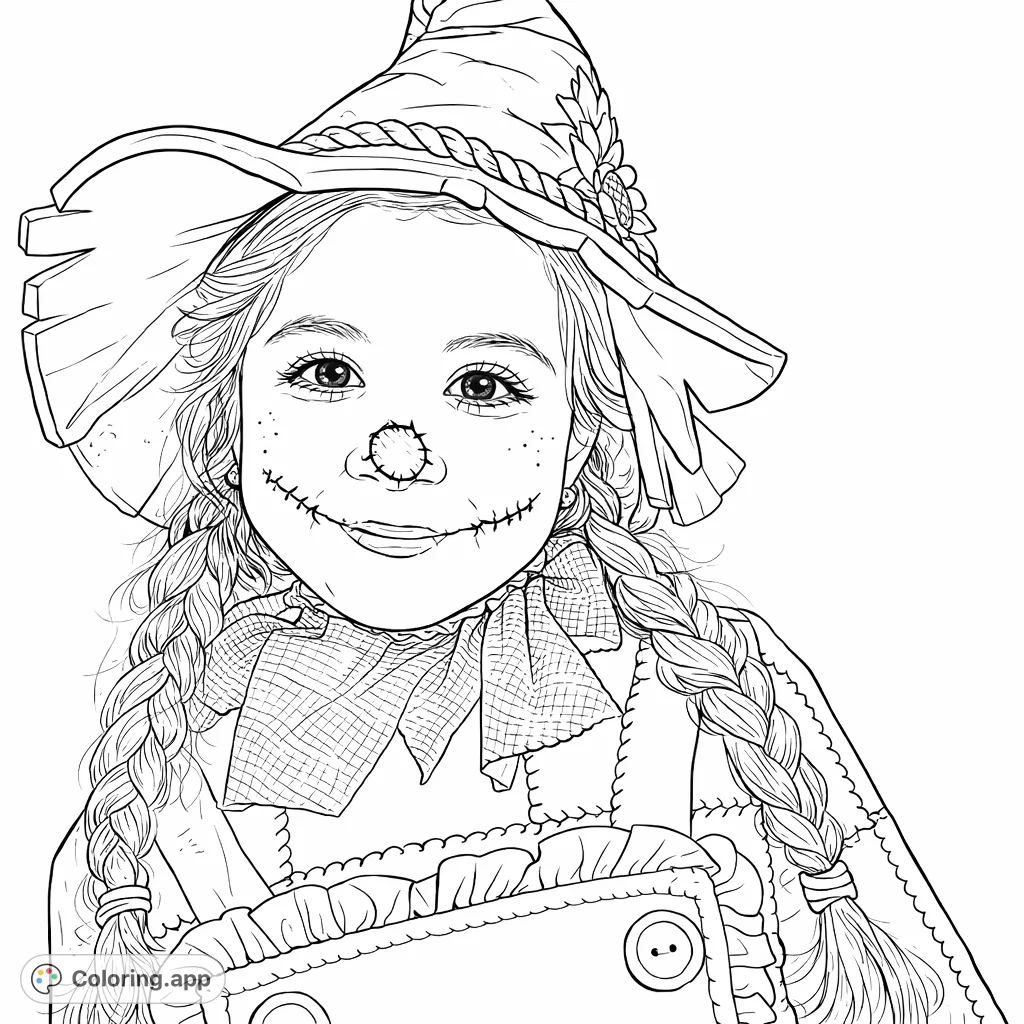 A cheerful child in a detailed scarecrow costume, featuring a wide hat, braided hair, and stitched facial expressions. Perfect for autumn fun.