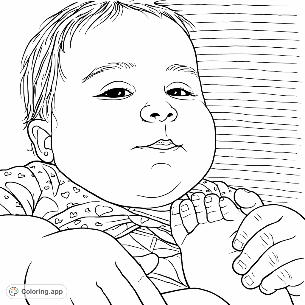 Capture the charm of a sweet infant holding its own foot. A delightful baby coloring page perfect for celebrating new arrivals and tender moments.