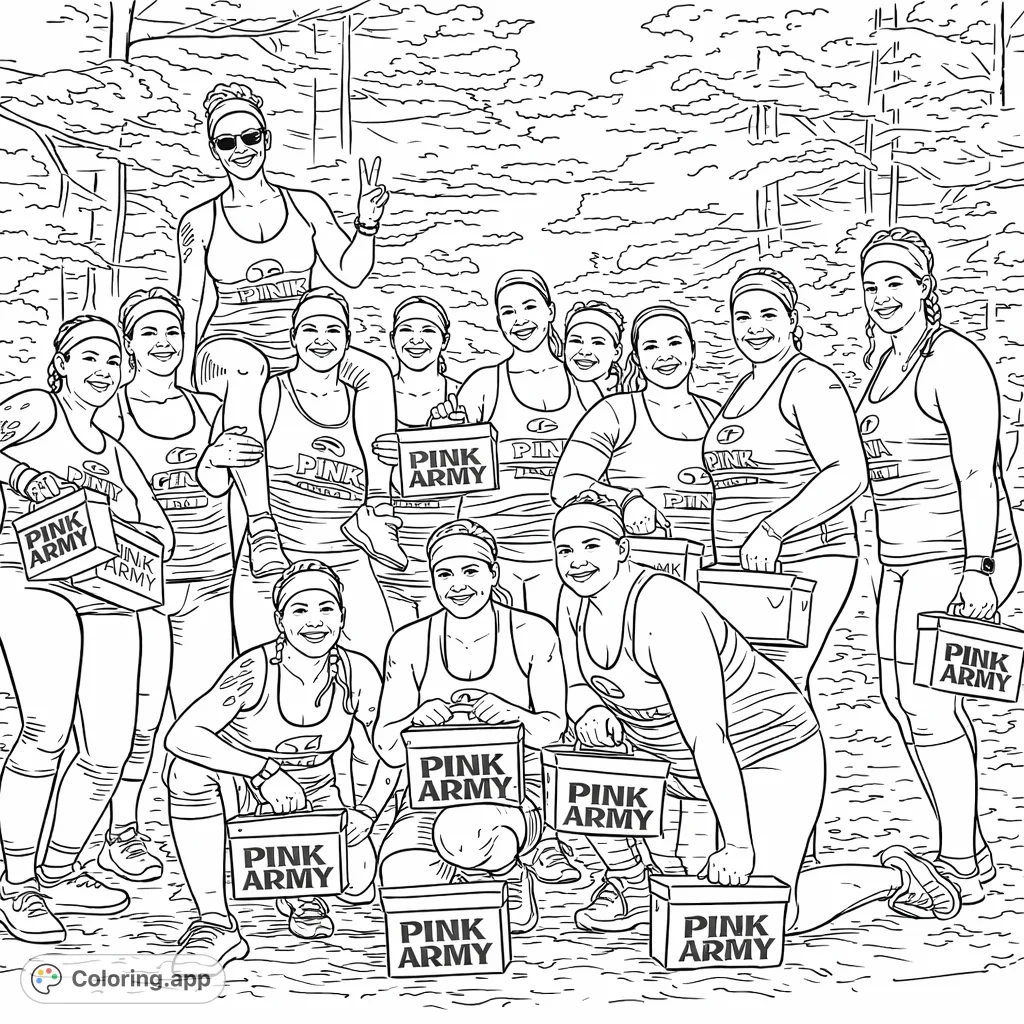 Celebrate teamwork and strength with this group of women conquering an outdoor challenge. Features athletic figures and woodland scenery.