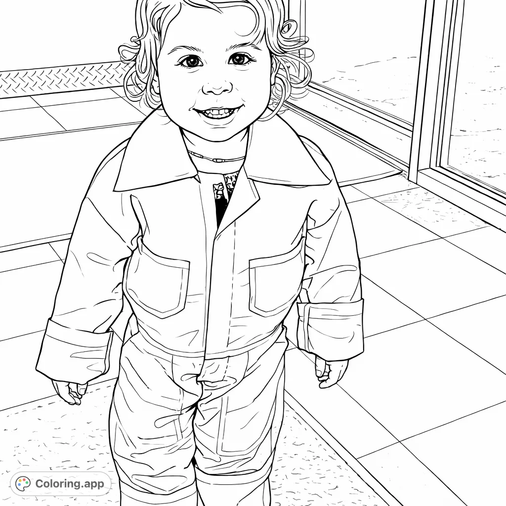 A delightful toddler in a charming jumpsuit, ready for adventure! This fun and engaging coloring page features a happy child on a checkered floor, perfect for young artists.