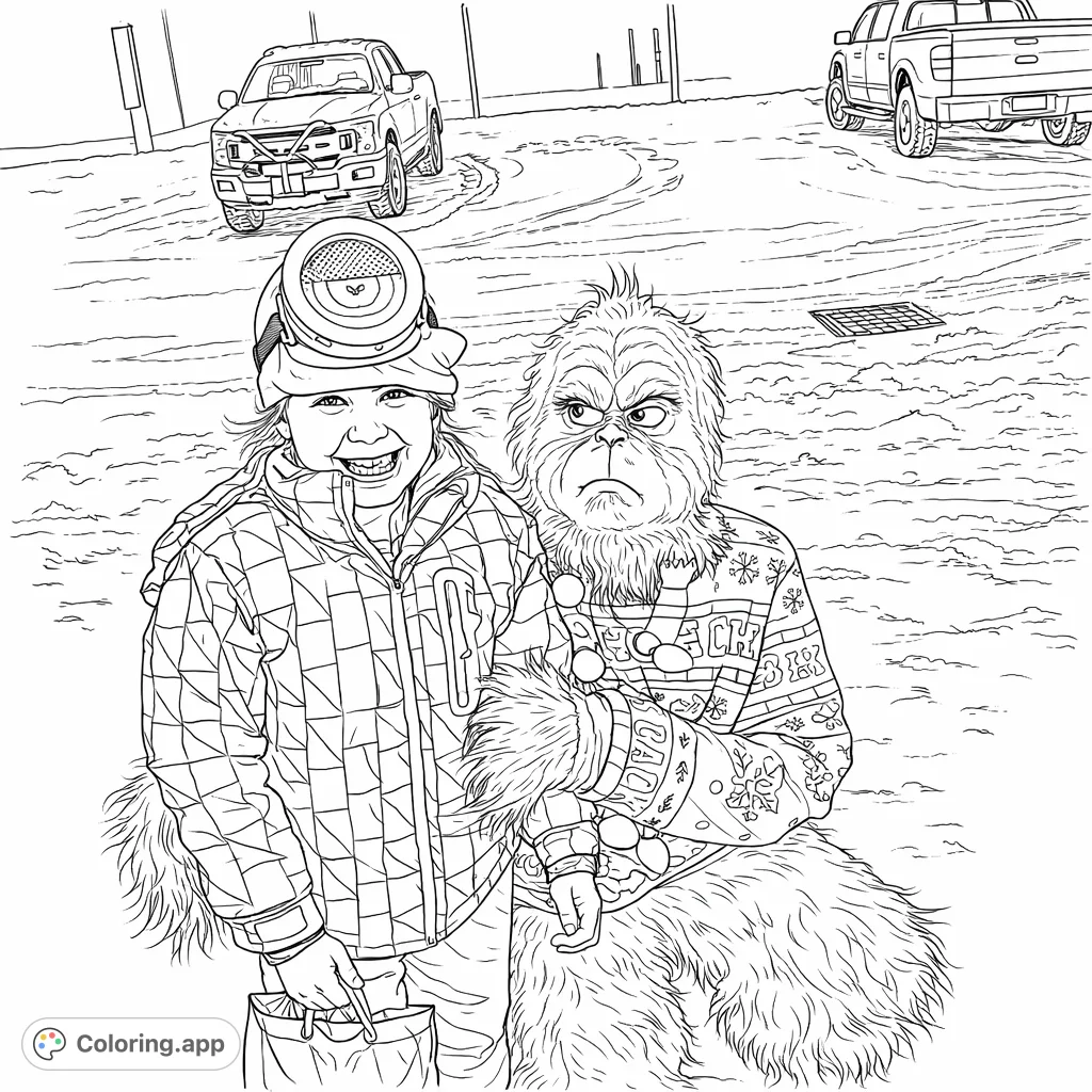 A child in a patterned jacket and unique goggles hat stands with a furry character in a winter wonderland, surrounded by snow and festive lights. Perfect for holiday fun!