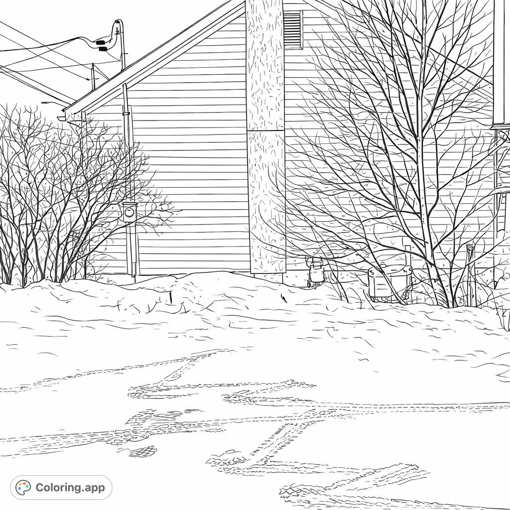 Explore a serene winter scene featuring a home surrounded by snow and bare trees. Perfect for a cozy coloring escape.