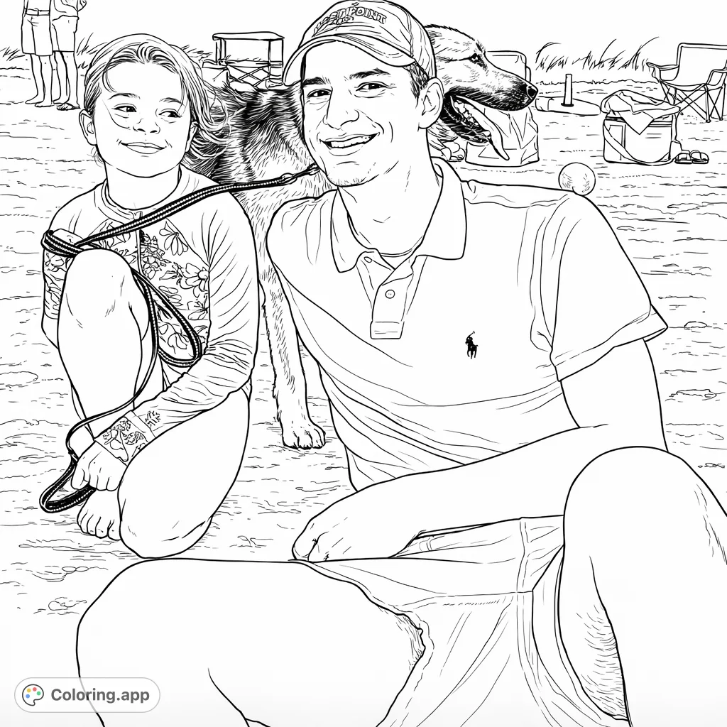 A heartwarming sandy beach scene with a smiling girl in a patterned swim top, an adult, and a cheerful dog. Relax and color this delightful outdoor moment.