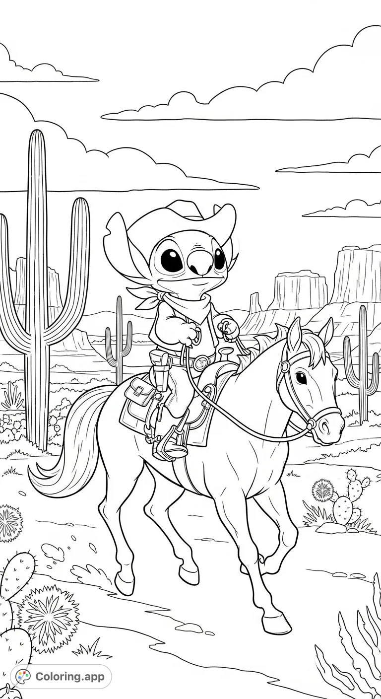 Gallop into adventure with this free printable Stitch Wild West coloring page, featuring Stitch as a cowboy riding a horse through a desert landscape!