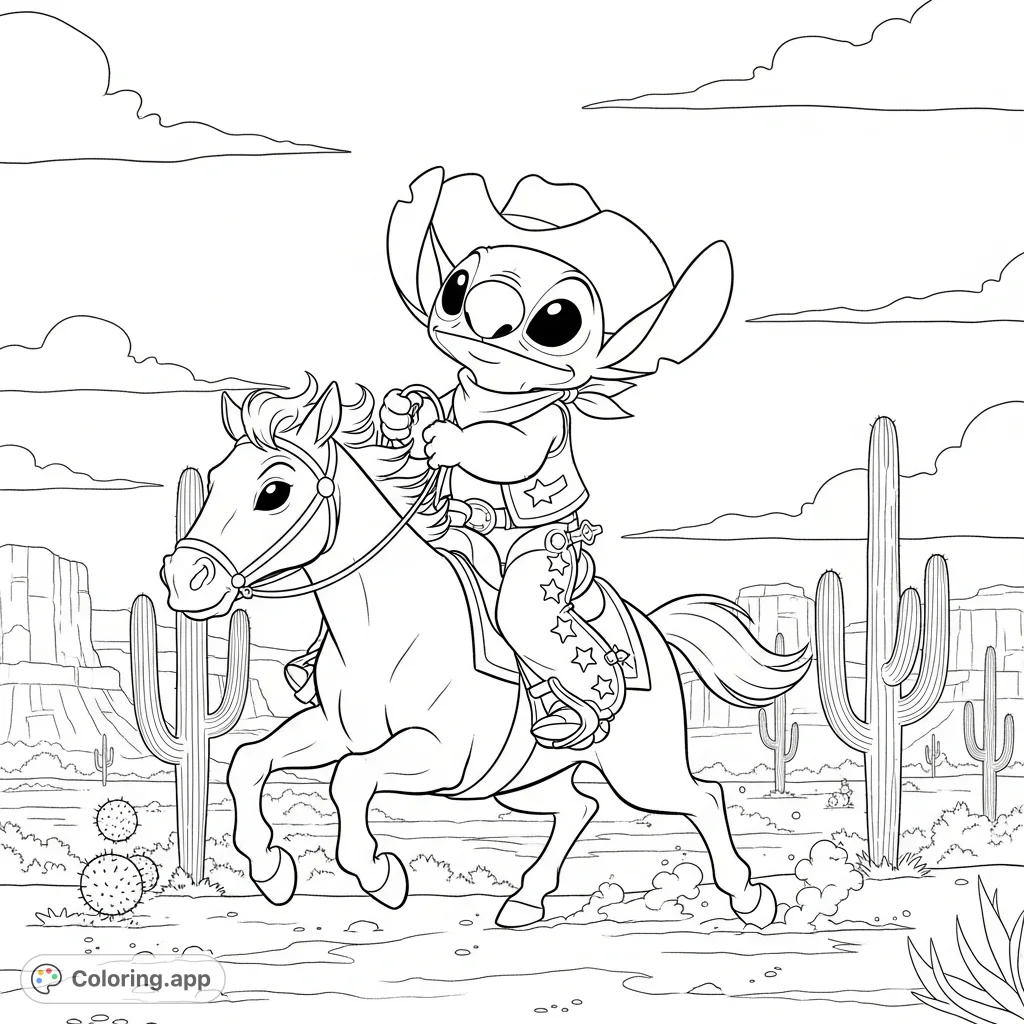 Gallop into adventure with this free printable Wild West Stitch coloring page! Featuring Stitch as a cowboy riding his horse through a desert landscape.