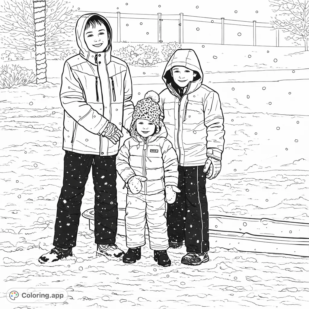 Capture the joy of a snowy day with three children bundled in winter gear, ready for play. A delightful winter scene perfect for imaginative coloring.