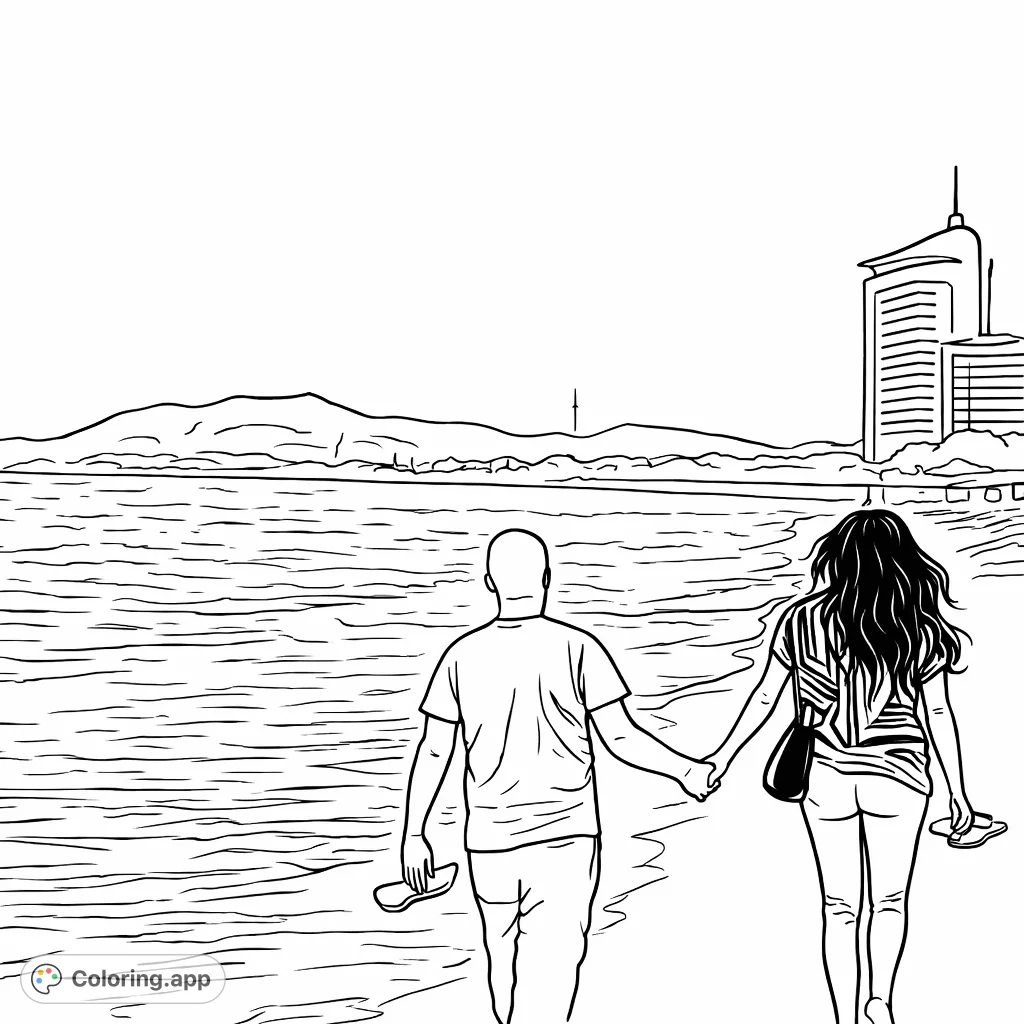 Capture a romantic coastal walk with two figures strolling hand-in-hand along the beach, featuring a calm ocean, distant mountains, and a city skyline.