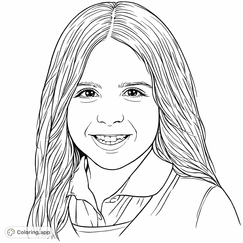 Capture the warmth of a young girl's smile. This portrait coloring page features a happy child with long hair and a classic collared shirt.