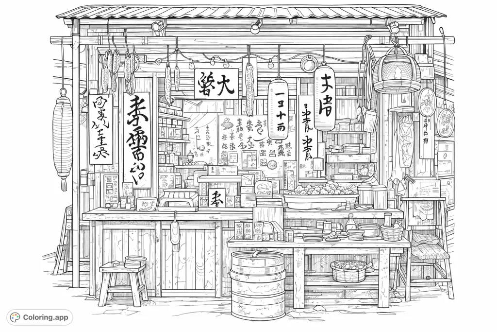 Explore a traditional Japanese market stall filled with intricate details, hanging lanterns, and various goods, offering a rich cultural coloring experience.